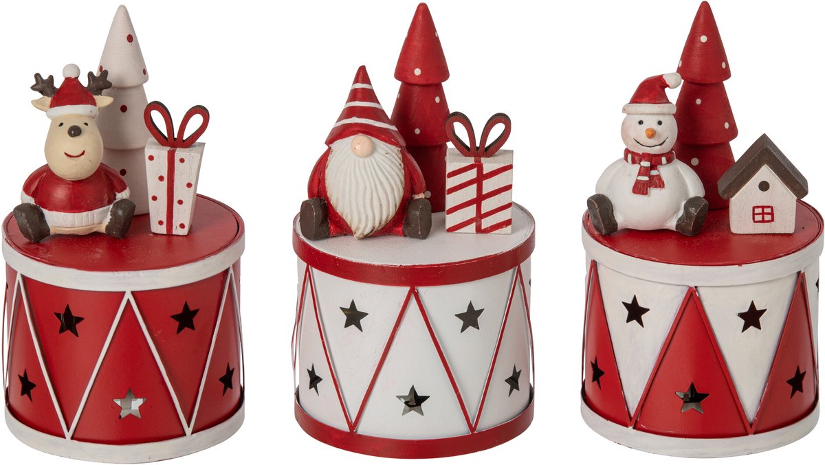 J-Line Ledtrommel met kerstman, sneeuwpop en rendier - ijzer - wit/kerstrood - assortiment van 3