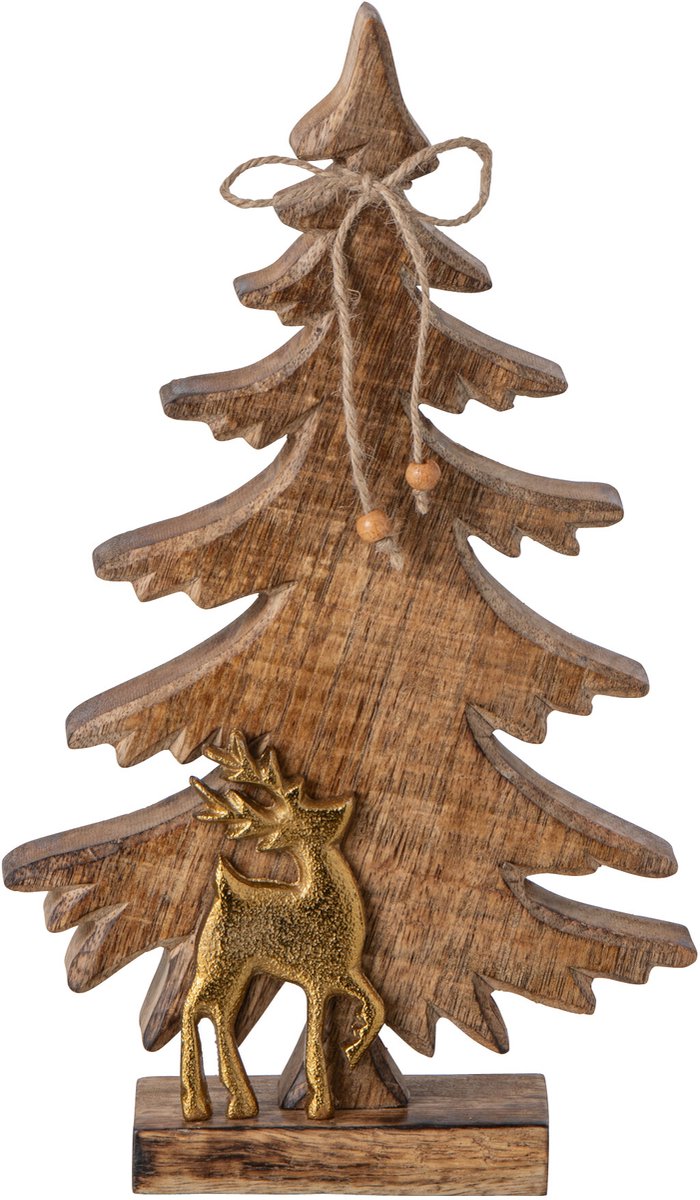 J-Line dennenboom met rendier - mangohout - naturel/goud - small