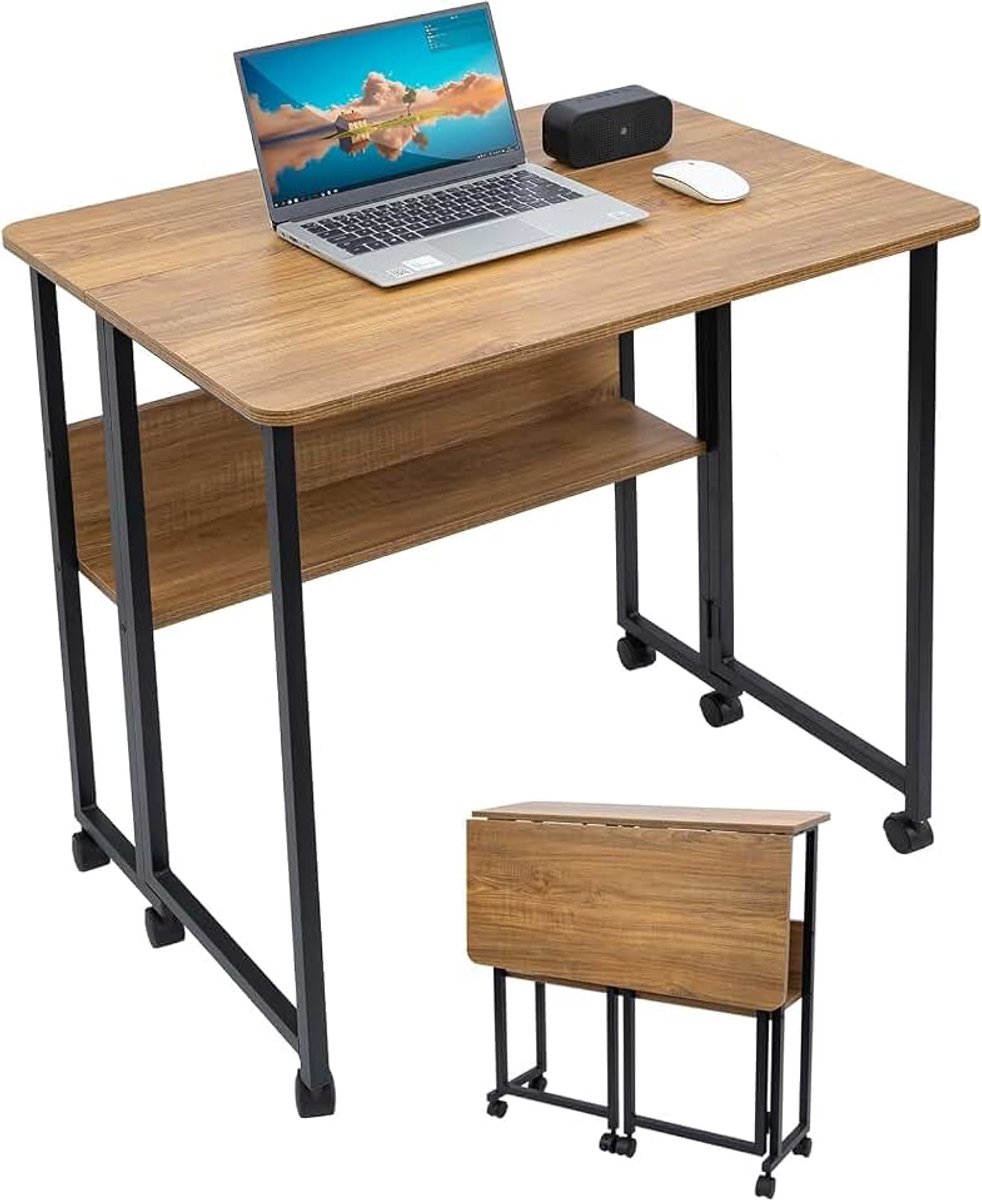 Bureau inklapbaar, klaptafel met wielen en plank, klapbureau van MDF-hout en stalen frame, computertafel voor thuis, kantoor, picknick, tuin, bruin, 80 x 58 x 75 cm
