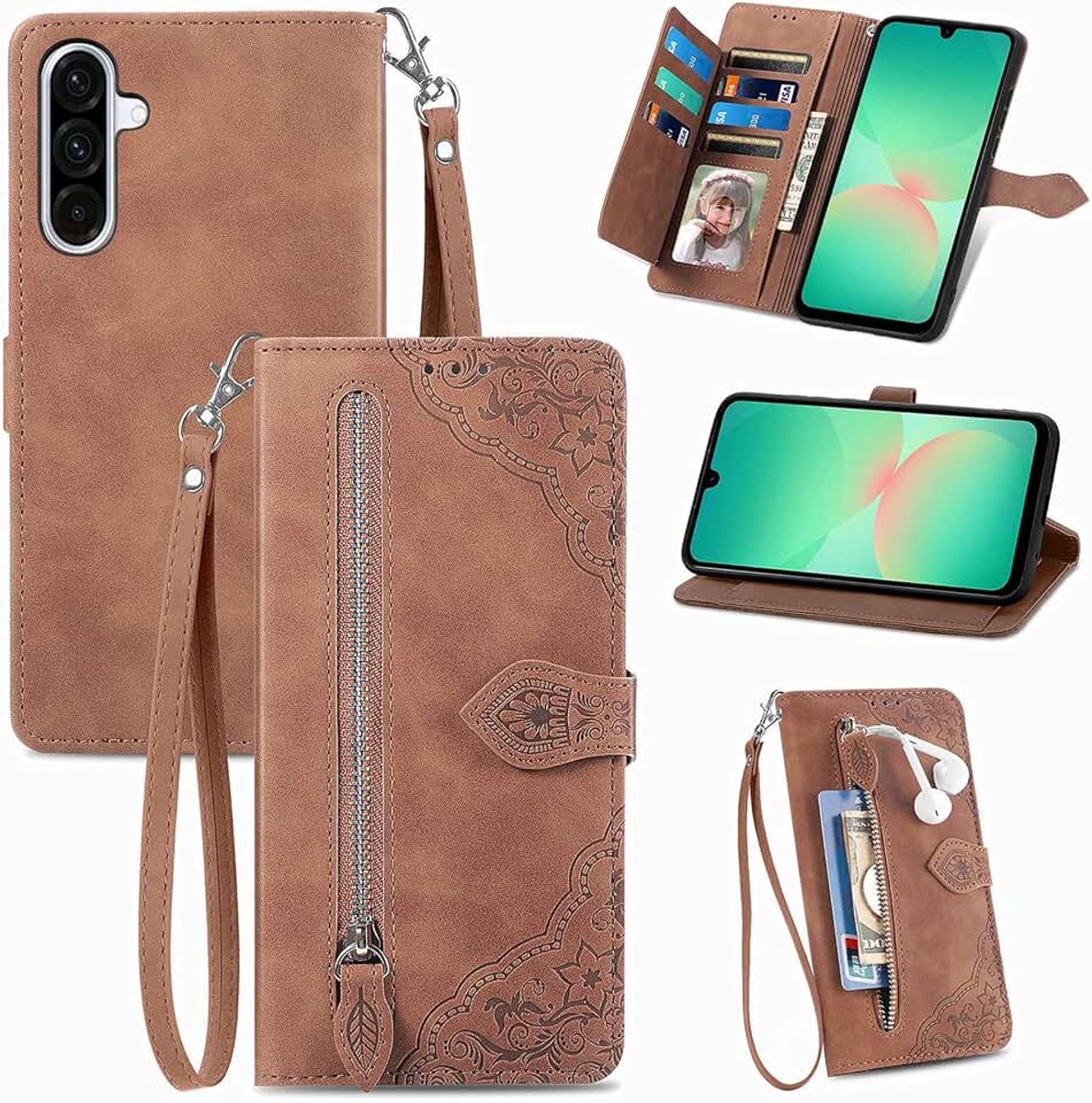Hoes voor Samsung Galaxy A57, PU-lederen telefoonhoes, inklapbare flip case tas met kaartenvak, magneet, standaard en polsband, [bloemenpatroon], beschermhoes, schokbestendig, bruin
