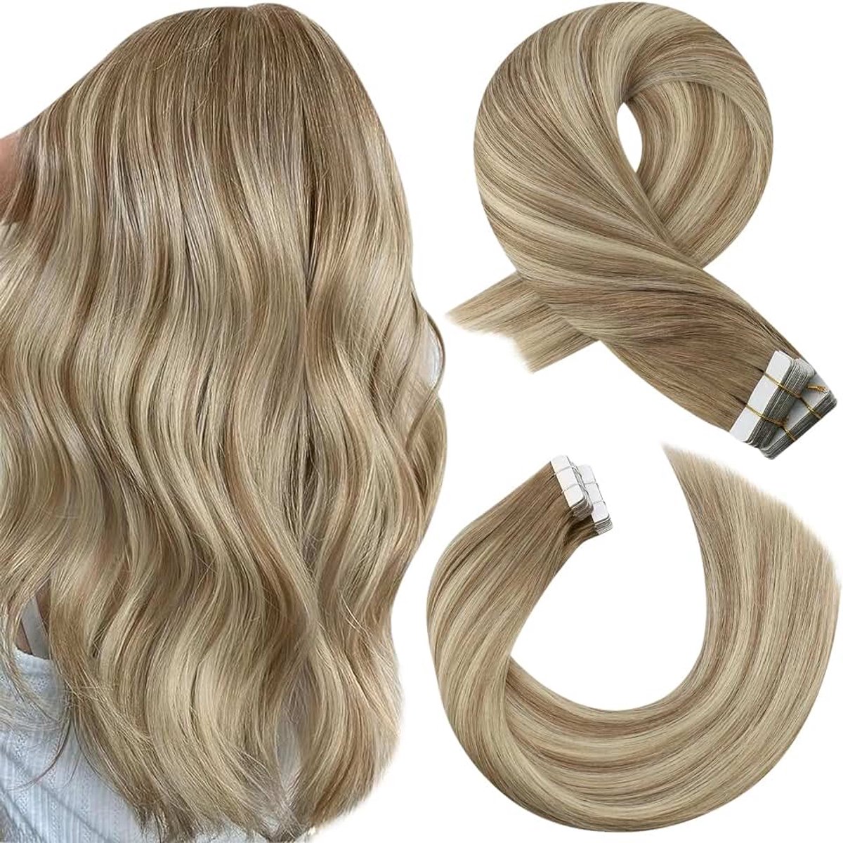 Haarextensies Echt Menselijk Haar Balayage Lichtbruin met Medium Blond #8/22/8 40 cm 20 Stuks 50g