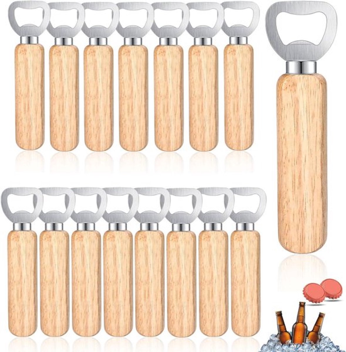 16-delige set houten flesopeners met handvat voor bier - draagbare en gepersonaliseerde flesopeners voor thuis, keuken en bar