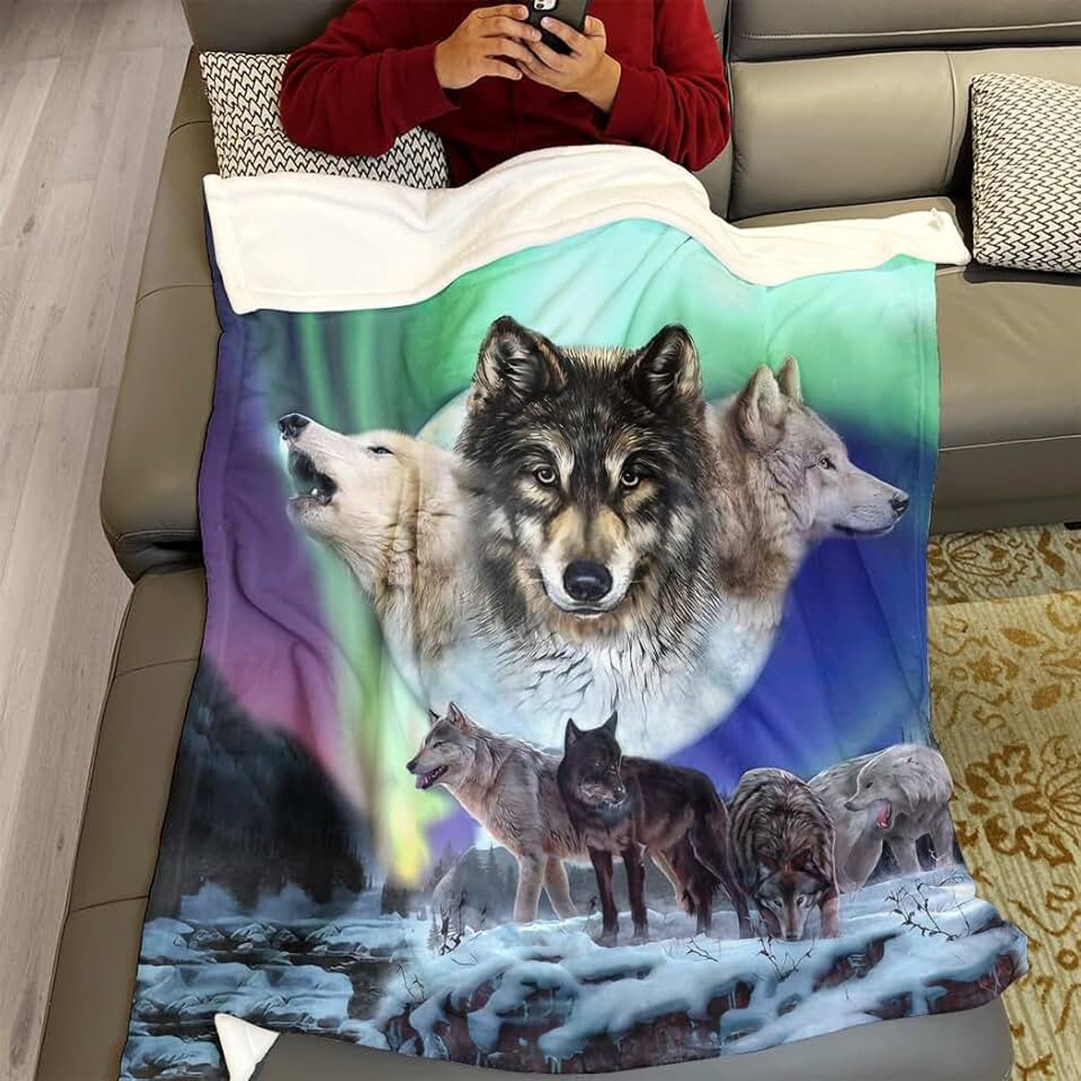 Dikke deken zacht warmte gezellige flanel-fleece sofadeken dekseldeken wolf Aurora sneeuwwoud