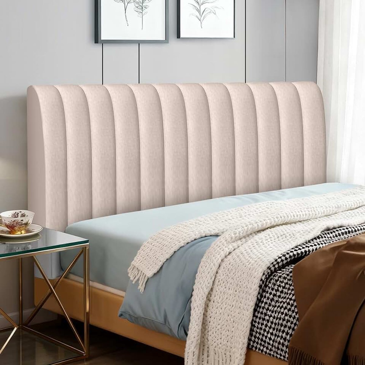 Hoofdbordbekleding voor bed, verticale strepen, fluwelen hoofdbordbekleding, zacht, slaapkamerhoes, hoofdbord, kaki, 180 cm
