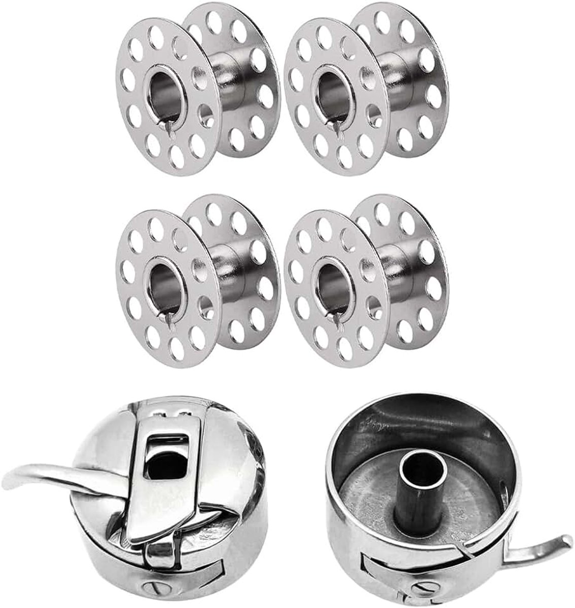 Set van 2 + 4 universele spoelcapsules van roestvrij staal, universele naaimachine, spoelbehuizing, compatibel (zilver)