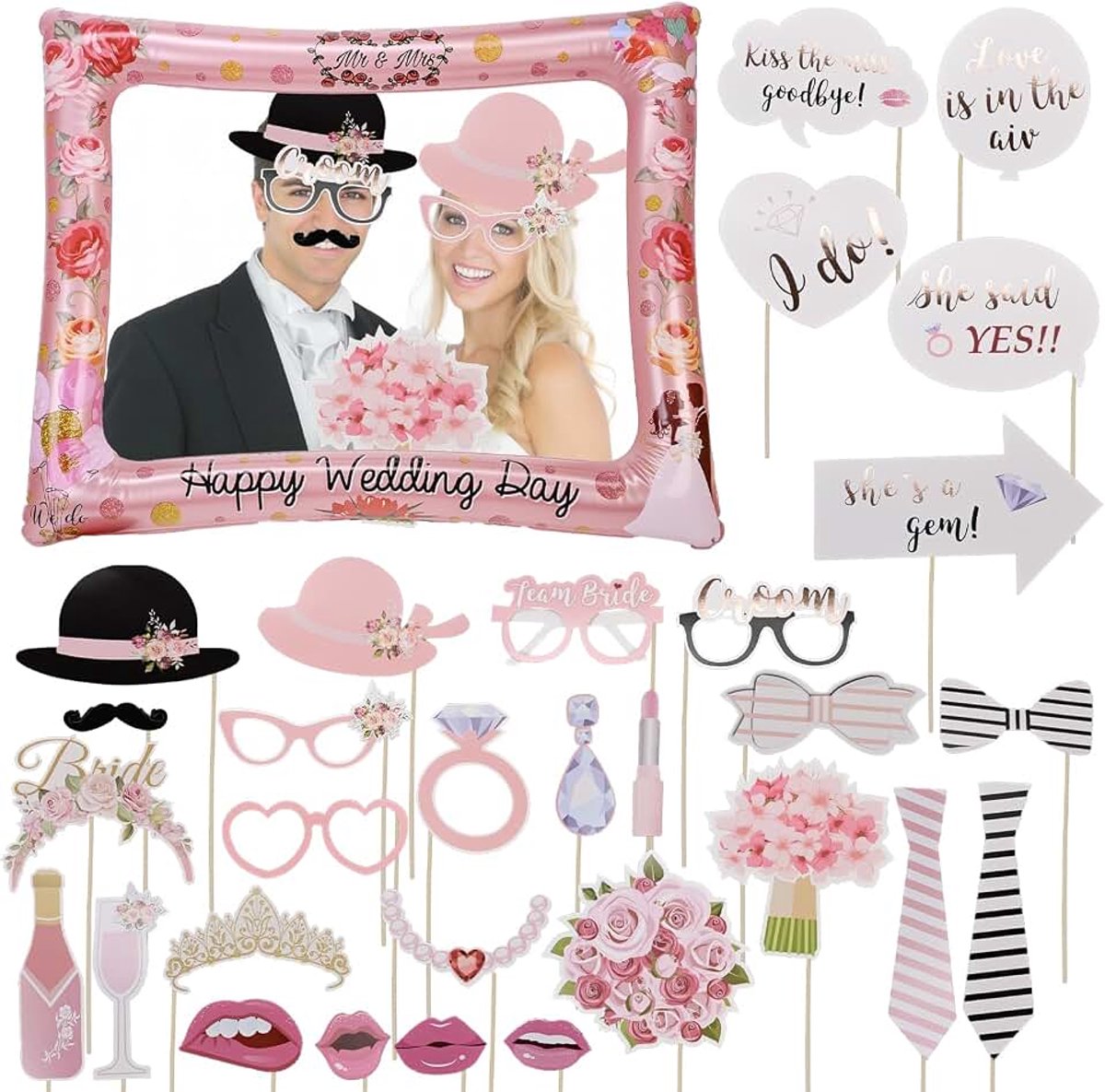 32 stuks fotobox-accessoires bruiloft met opblaasbare fotolijst | Met luchtpomp, foto-rekwisieten voor bruidspaar, ideaal voor feestjes en fotobooth