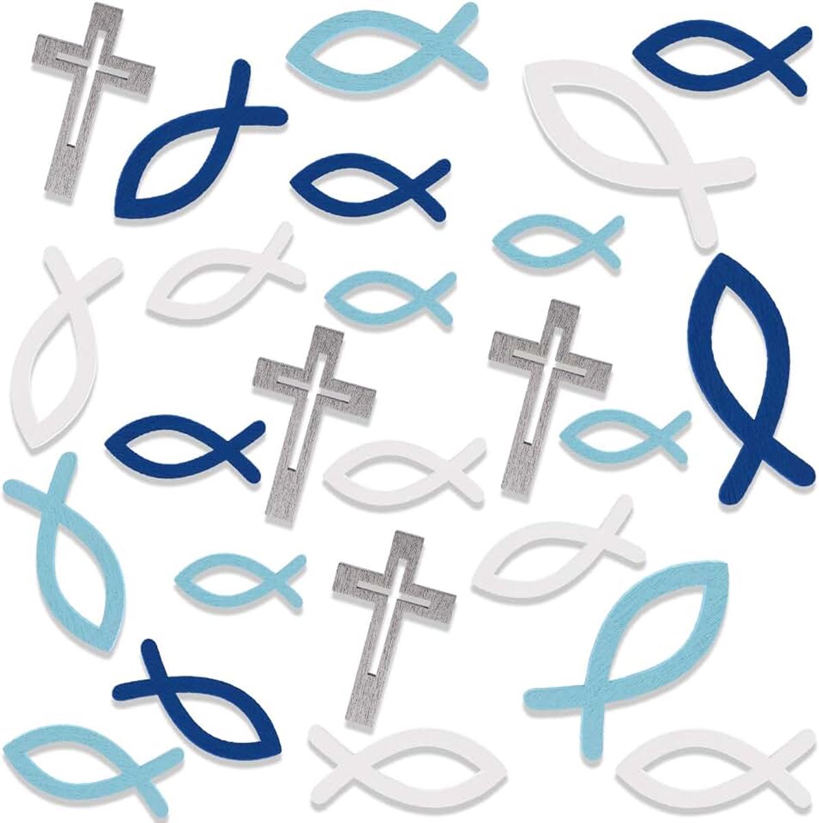 100 stuks houten vissen kruisdecoratie voor doop communie vormsel, blauwe vissen strooidecoratie voor doop tafeldecoratie, vissen kruis jongen communie decoratie