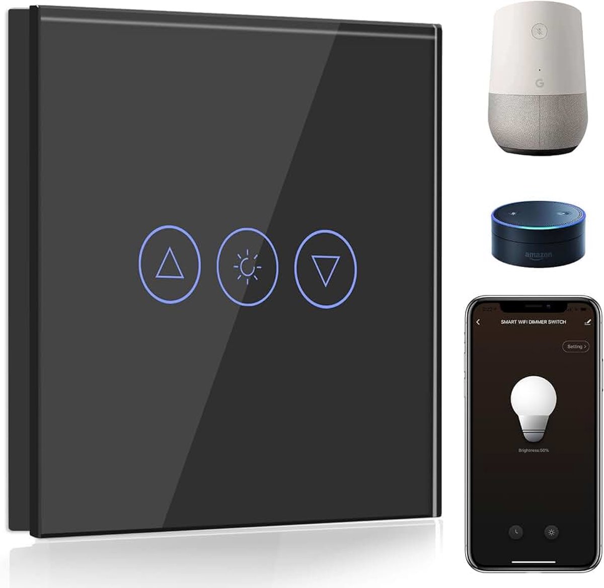 Slimme Dimmerschakelaar 1 Voudig 1 Weg,WiFi Dimmerschakelaar Compatibel met Alexa en Google Home,Wlan Lichtschakelaar Zwart met Smart Life APP Controle en Timing Functie(Neutrale Vereiste Draad)
