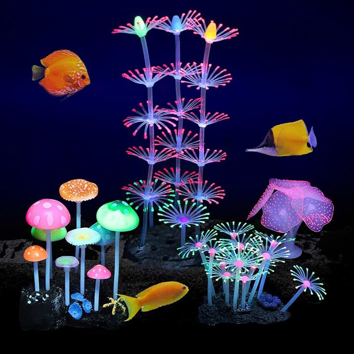 Aquarium Decoratie Set 4 Stuks, Fluorescerend Koraal Siliconen | Set van 4 | Fluorescerend onder blauw/uv-licht | Zacht siliconen niet giftig | Zuignap bevestiging