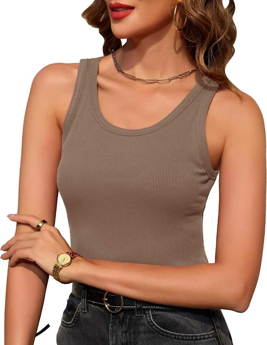 Tanktop voor dames, geribbeld, ronde hals, tanktops, basic, veelzijdig, mouwloos, XS-XXL