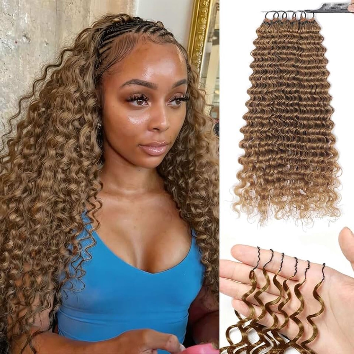 Feather Crochet Human Hair Bundles for Black Women 22 Zoll Deep Wave Honey Blonde Human Hair Crochet 125g 100Pcs Wet and Wavy Invisible Knotless Curly Schwarz Echthaar Haarverlängerungen
