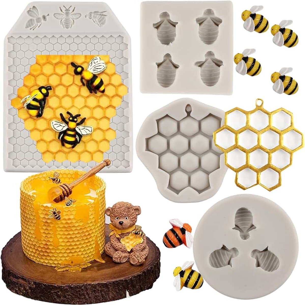 Bijen Siliconen Fondant Mould Hommel Siliconen Mallen Bijenkorf Snoep Mallen voor Cupcake Topper Cake Decoreren Chocolade Snoep Polymeer Klei Gum Pasta Set van 4