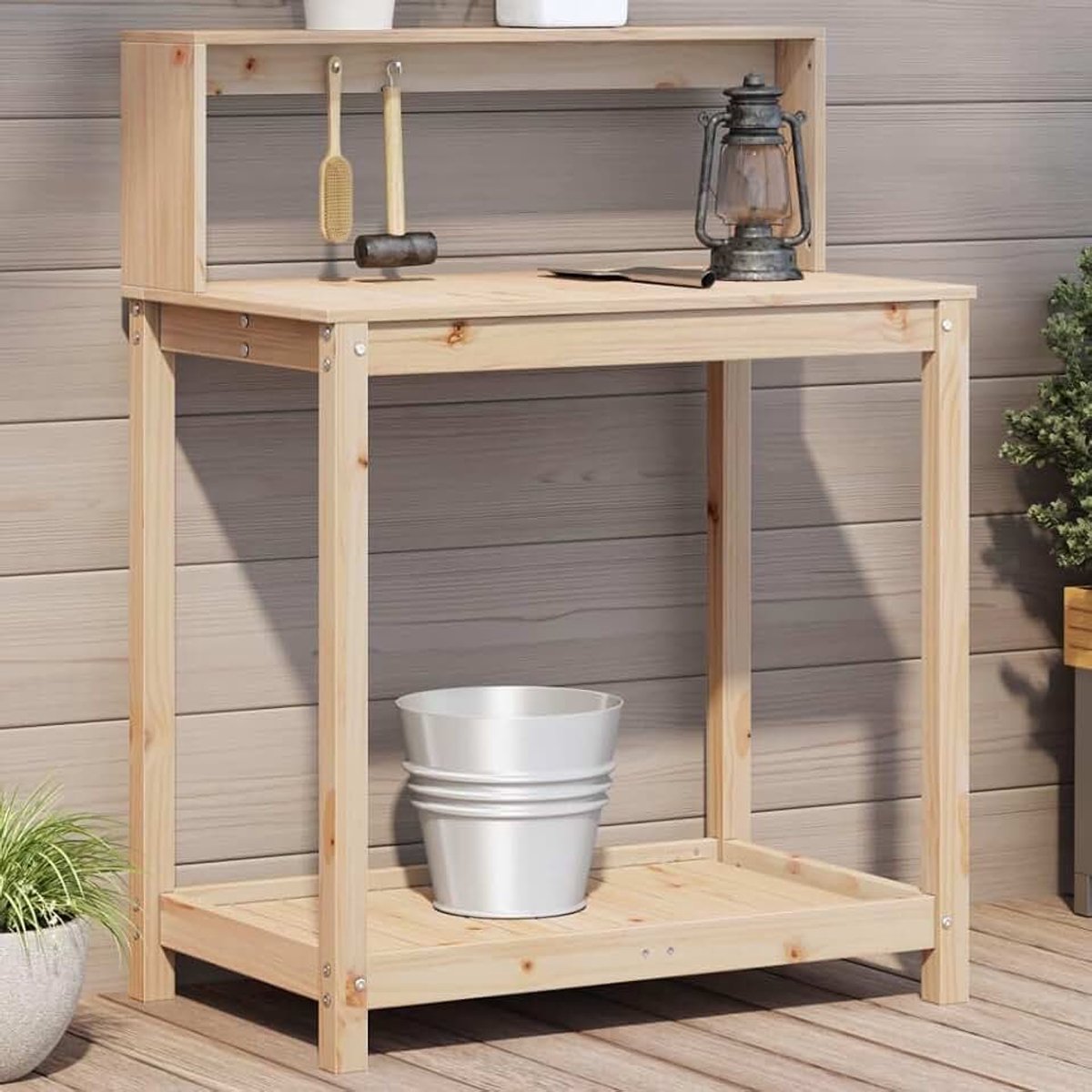 Plantentafel met planken, 82,5 x 50 x 109,5 cm, van massief grenenhout, open planken voor tuingereedschap en potten, geventileerde onderste plank met lattendesign, veelzijdig voor de tuin