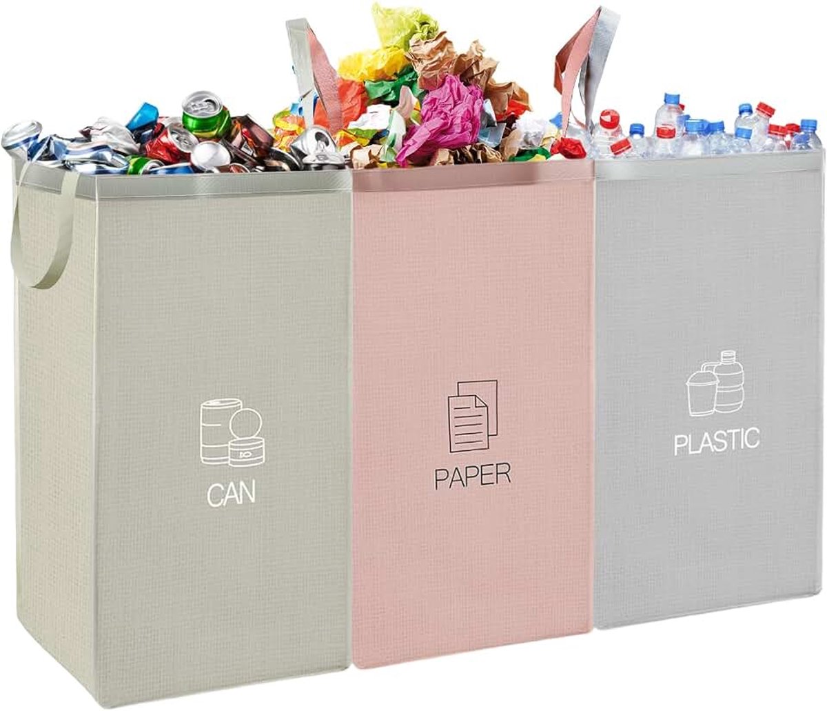 Afvalscheidingssysteem 3-voudig voor papier, kunststof en lege goederen, opbergruimte, opbergsysteem, recycling, afvalscheidingssysteem, zachte recycling container voor kantoren, keukens