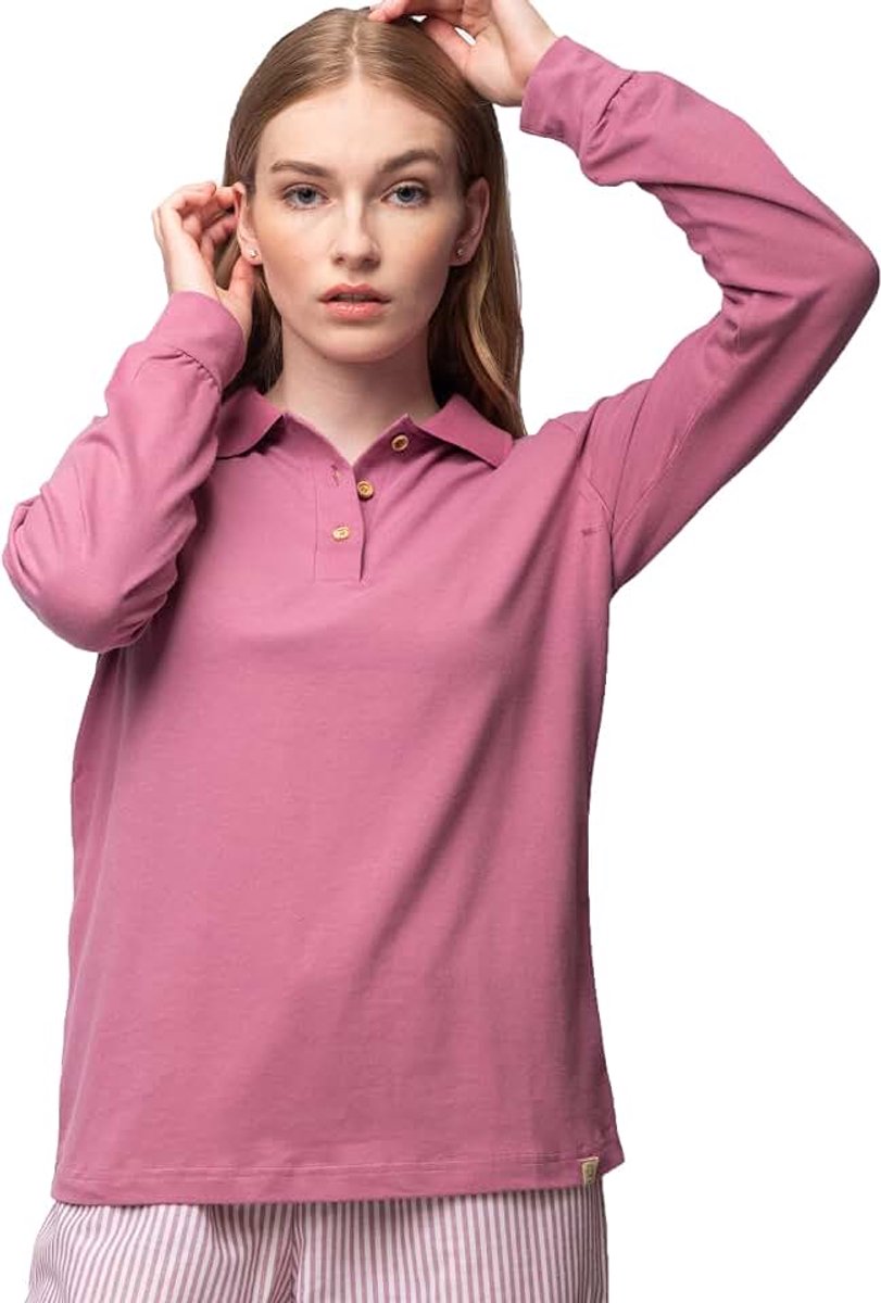 Shirt met lange mouwen met polokraag, Gots-gecertificeerd dames Pyjamahemd