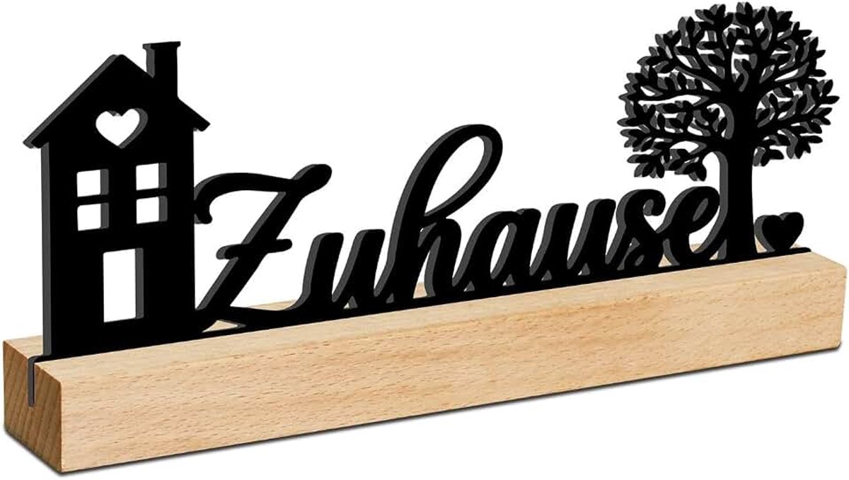 Decor Thuis acryl standaard, zwart huis en boom motief met houten sokkel voor ingang, woonkamer en cadeau