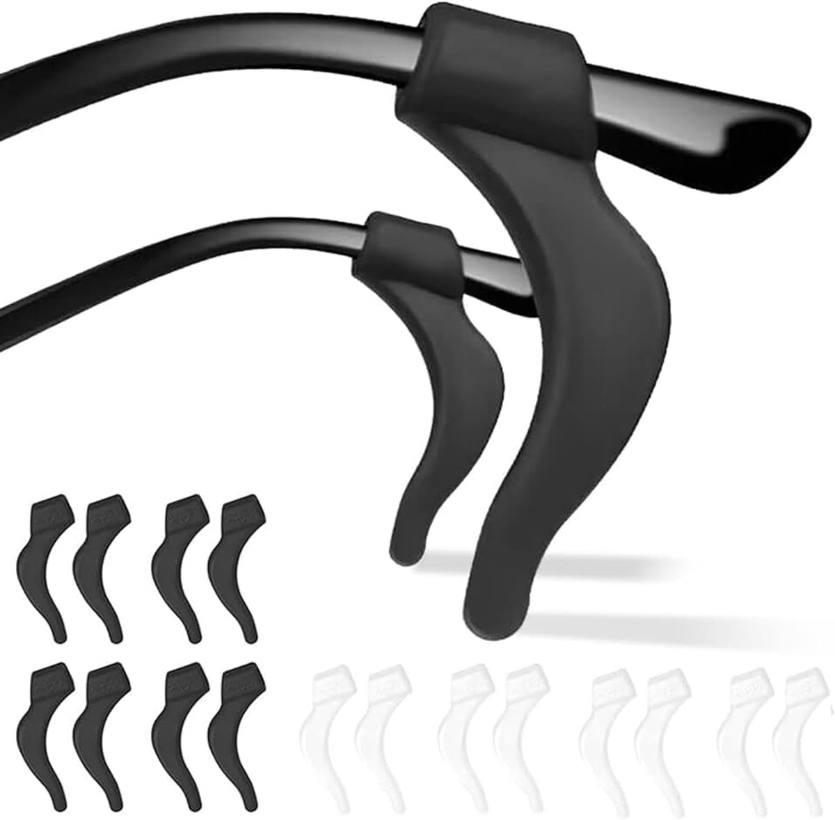 Set van 16 oorhaken van zachte siliconen, antislip, brilbeugelhouder, ultralicht, perfect aangepast aan de curve van het oor (8 zwart + 8 transparant)