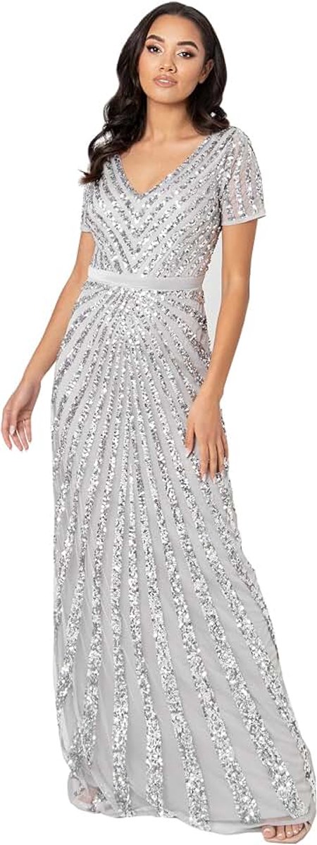 Deluxe Maxi dames verfraaid pailletten jurk lange korte mouw V-hals hoge Empire taille een cut glanzend prom bruiloft bruidsmeisje