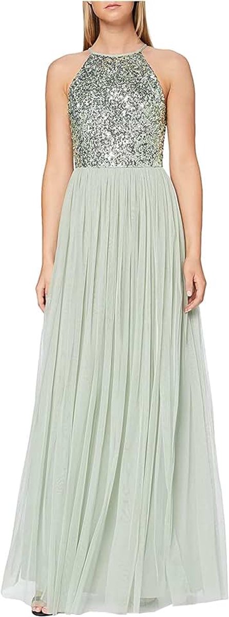 Deluxe Vrouwen dames bruidsmeisje maxi jurk halter hals pailletten verfraaid prom afstuderen bruiloft, Groen, 40