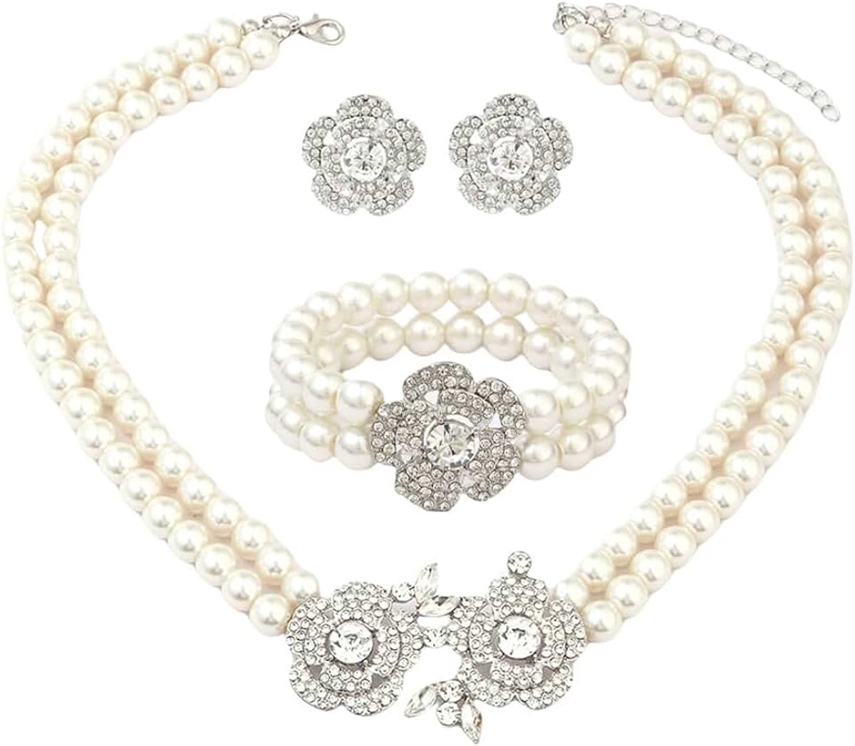 3 Stuks Sieradenset Bloem Parel Dames Ketting Armband Oorbellen Set Bruidssieraden Parelsieraden Statement Sieraden Feest Sieraden Voor Bruiloft Gala Party