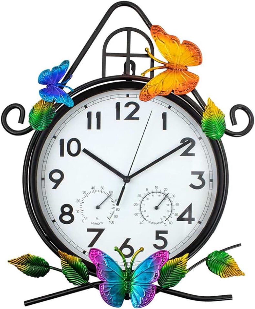 Buitenklok van 38,1 cm, wandklok met thermometer en vochtigheidsmeter, stil, niet-tikkende buitenklokken, waterdicht voor terras, woonkamer, keuken