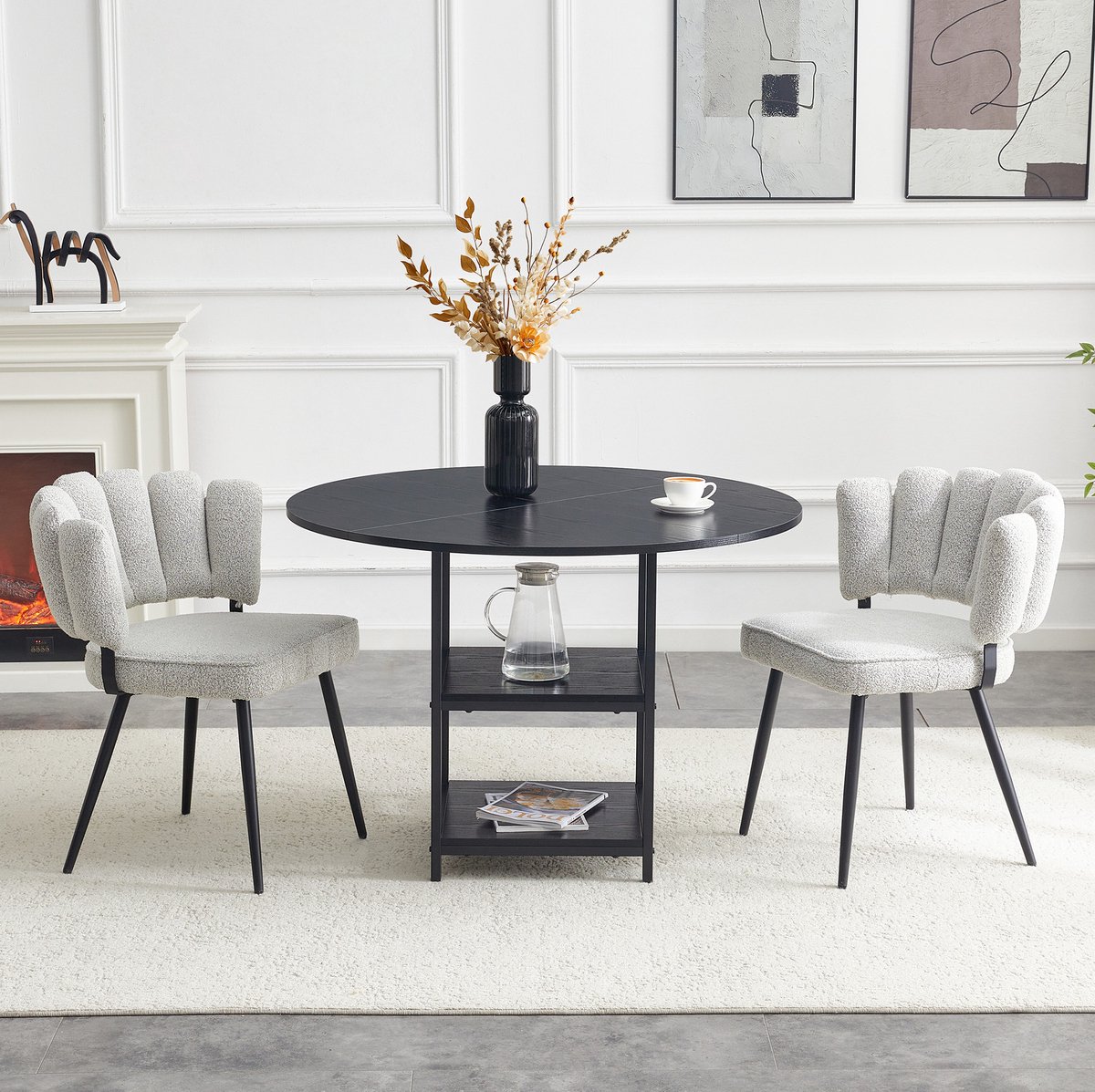 MODFU Set Tafel En Stoelen - Ronde Eettafel - 2 Stoelen - Industrieel - Zwart - Lichtgrijs