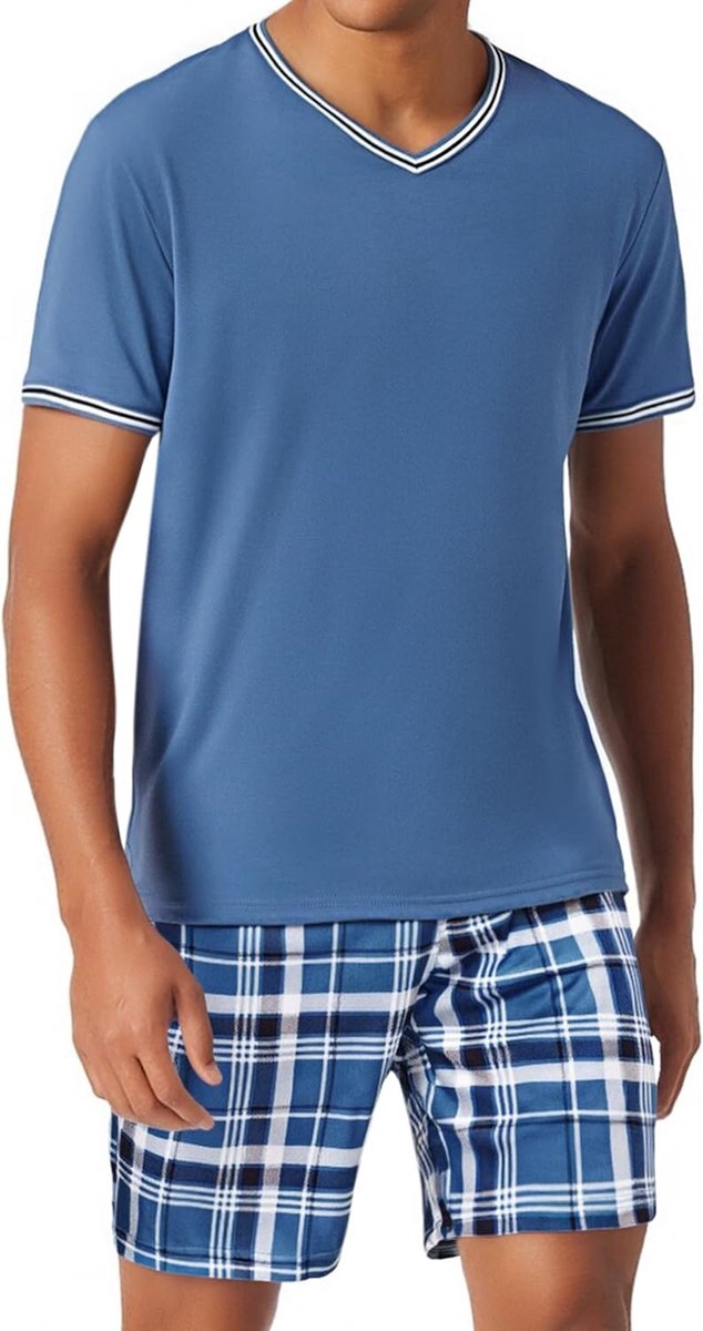Pyjama voor heren, zomer, korte mouwen, katoenen nachtkleding, V-hals, pyjama met zakken, zachte loungewear pyjama voor heren