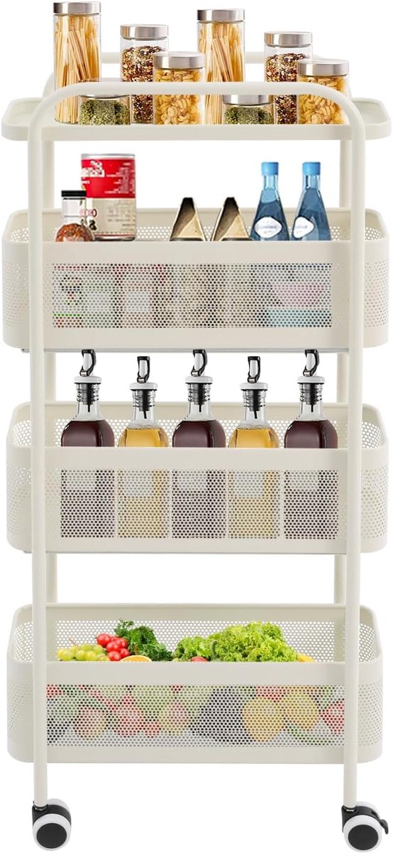 Rolwagen met 4 verdiepingen, smal, 15 cm, keukenwagen met uittrekbare laden en wielen, nisrek met manden voor badkamer, woonkamer en keuken, opbergwagen (40 x 15 x 89,5 cm)