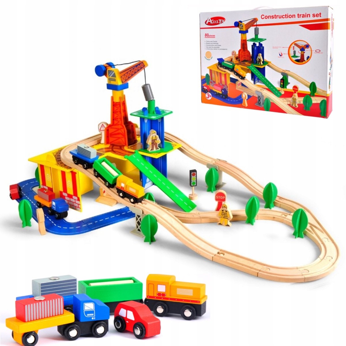 Grote Houten Treinset met Kraan, 80 Delen, Incl. Auto's en Spoor