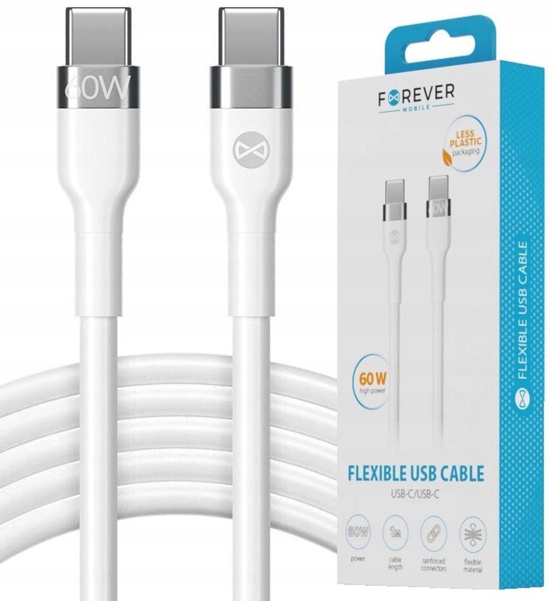 Forever USB-C naar USB-C Kabel 1m PD 60W Snelladen Wit