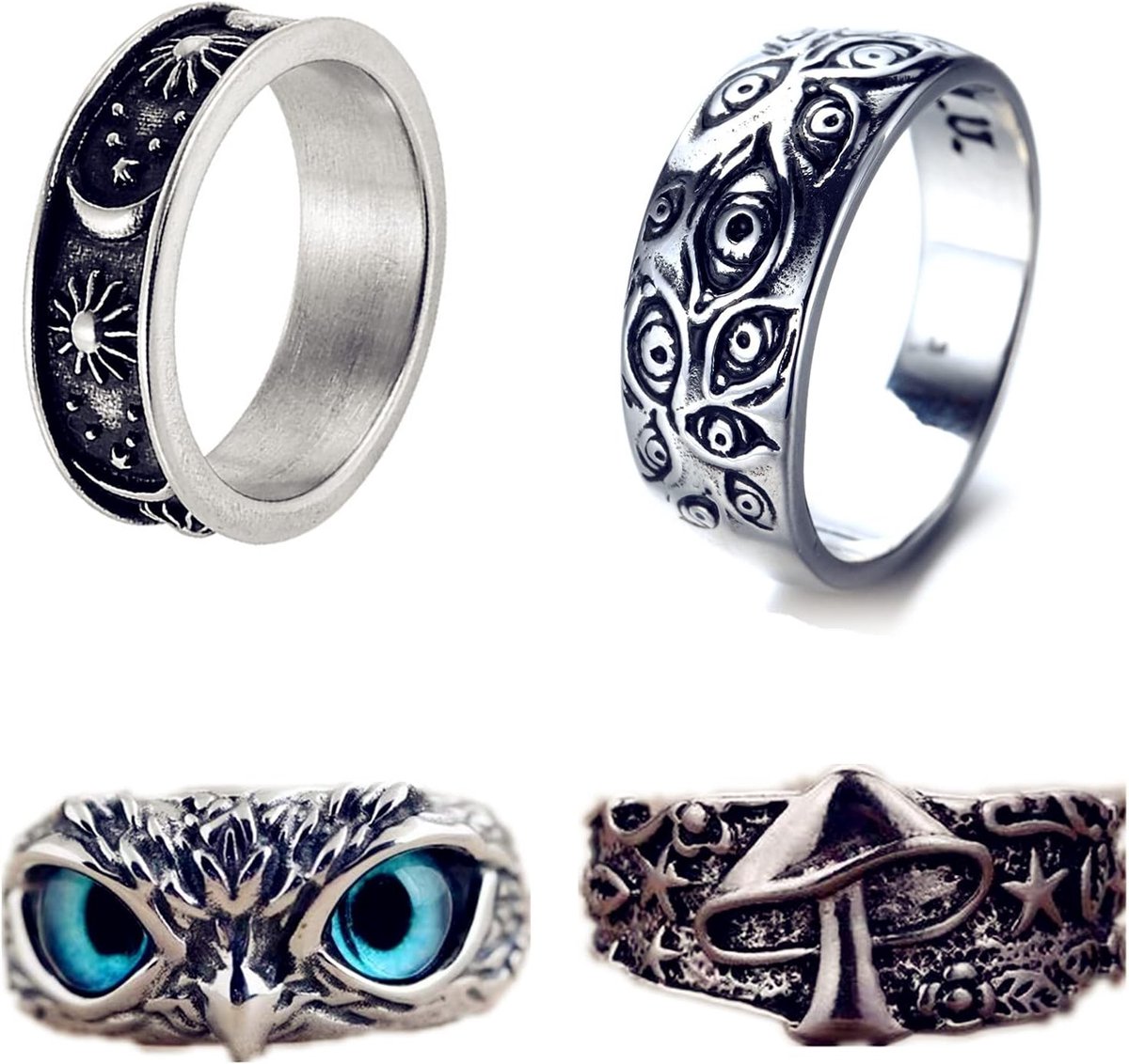 4 stuks uil oog, boze oog, paddenstoel ster bloem mystieke ringen - maan ster zon verklaring ringen pack voor mannen en vrouwen