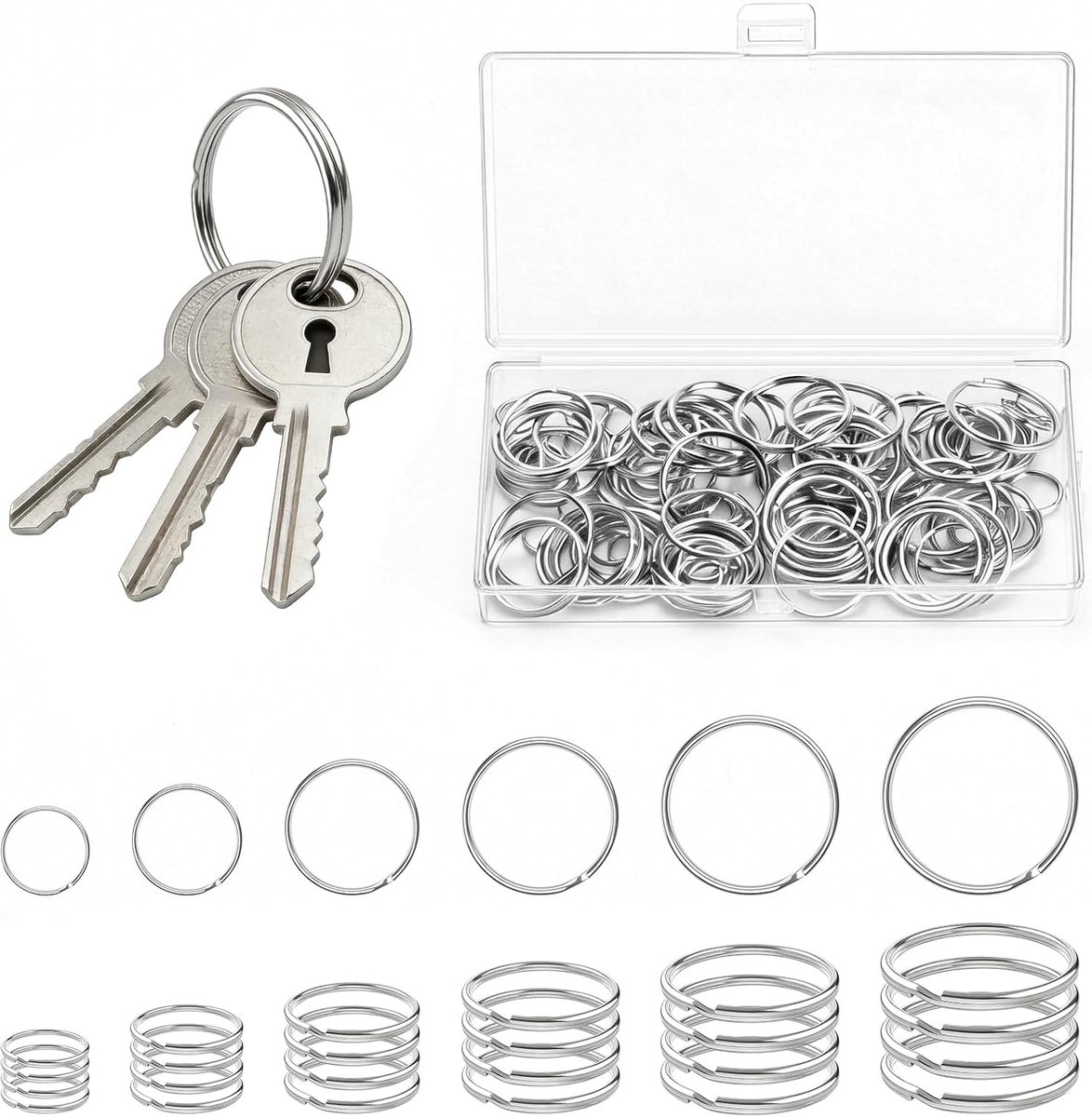 120 stuks sleutelhanger ringen set dubbelring zilverkleur mixt maten 12mm 15mm 20mm 25mm 28mm 30mm voor sleutelorganizer DIY knutselen thuis kantoor