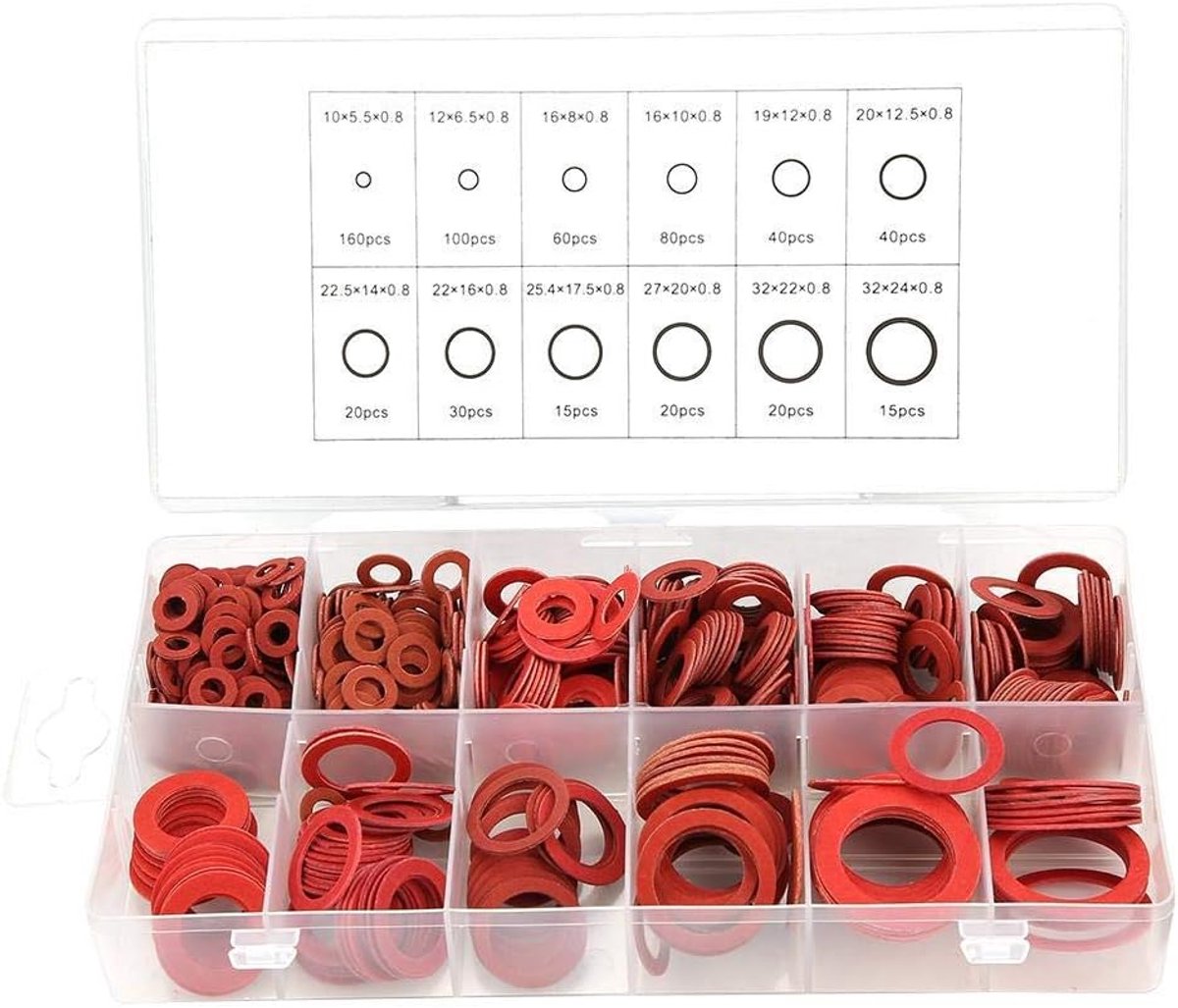 Platte sluitringen, 12 maten, verschillende vezelsluitringen, set met isolatieringen van rood staal met doos (600 stuks)