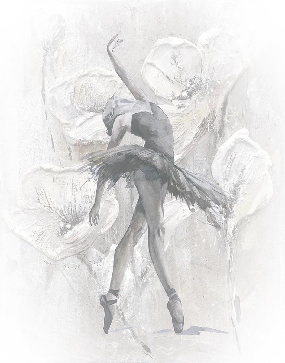 Fotobehang – Geschilderde Ballerina – Bloemen – Luxe Abstracte Kunst - Grijs Wit - Modern - Japandi - 2,12 x 2,70 M – Whisper