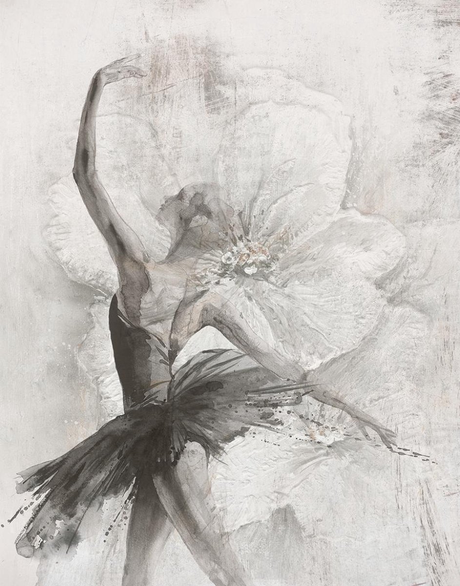 Fotobehang – Geschilderde Ballerina – Bloemen – Luxe Abstracte Kunst - Grijs Wit - Modern - Japandi - 2,12 x 2,70 M – Whisper