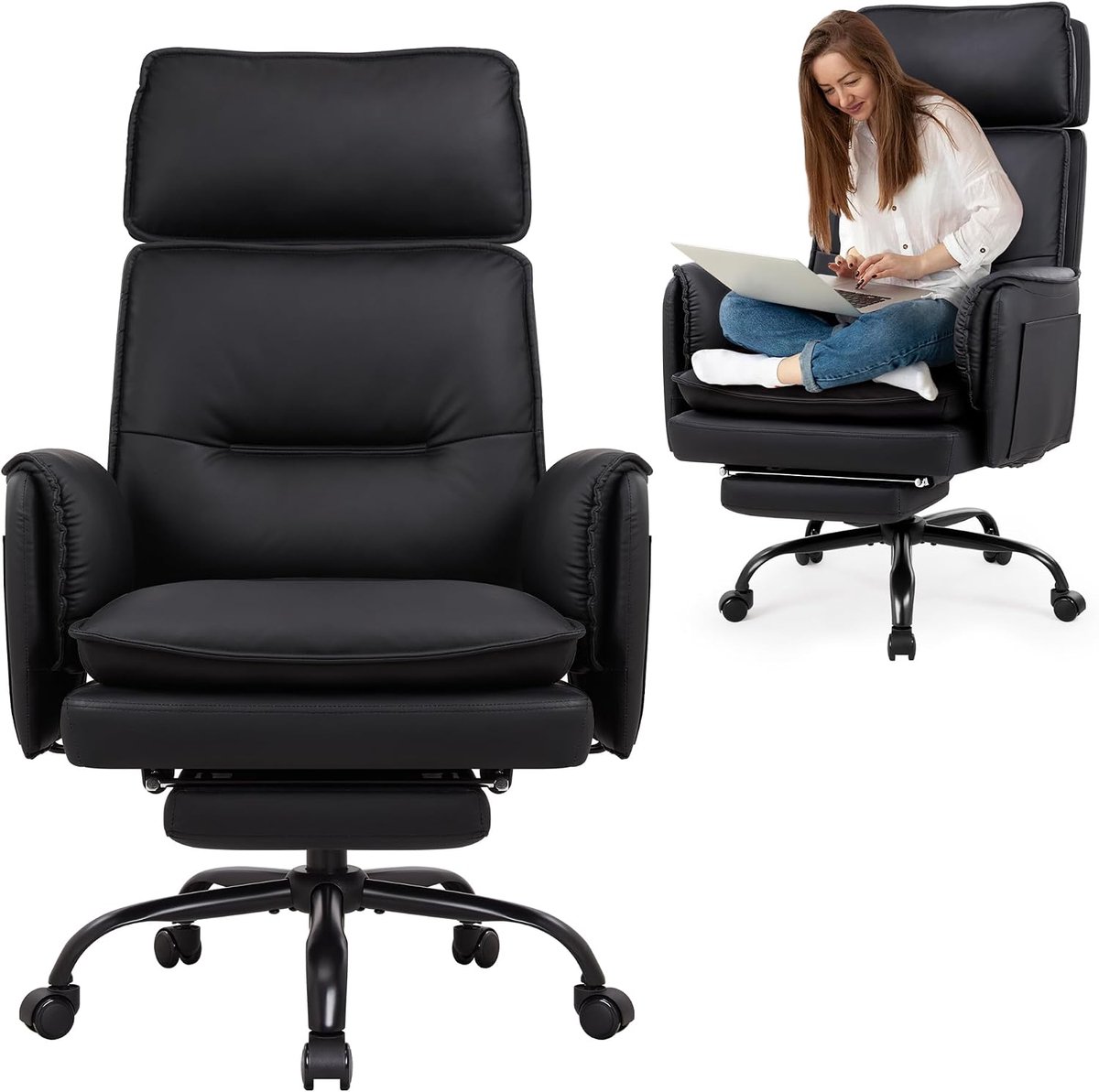 Ergonomische bureaustoel 227 kg, XXL kunstleren directiestoel met voetsteun Bureaustoel met in hoogte verstelbare hoofdsteun, 135° kantelfunctie, draaistoel voor thuiskantoor, gaming