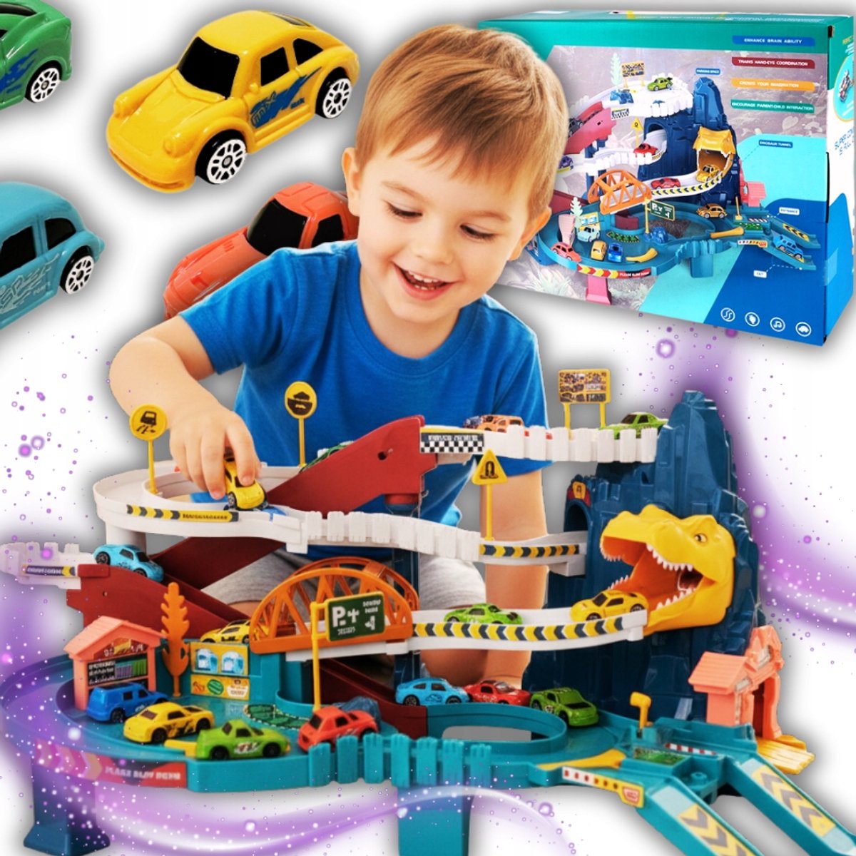 Dino Racebaan met Lift en 4 Auto's - Speelgoed voor Kinderen