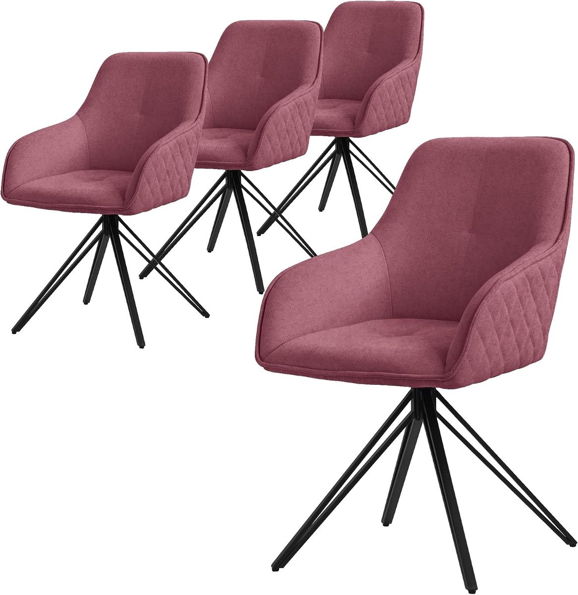 Eetkamerstoelen draaibaar set van 4 textiel geweven stof oud roze, woonkamerstoel met armleuning/rugleuning, 360° draaibare stoel, gestoffeerde stoel met metalen poten, ergonomische fauteuil