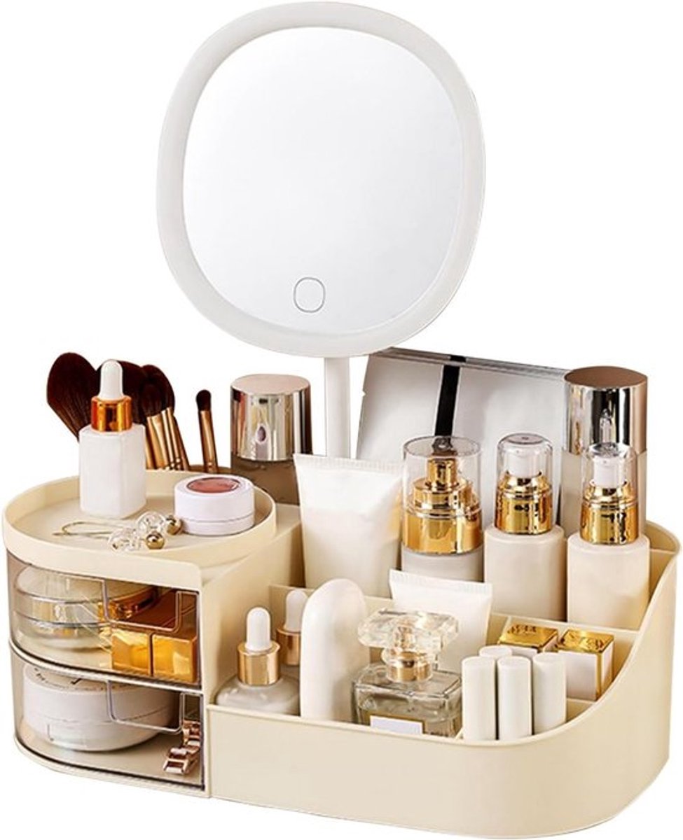 Multifunctionele Make-up Organizer met Spiegel, Make-up Borstelhouder en 2 Lades, Ideaal voor Cosmetica Opslag in Slaapkamer en Badkamer, Ruime Make-up Organizer voor Dagelijks Gebruik
