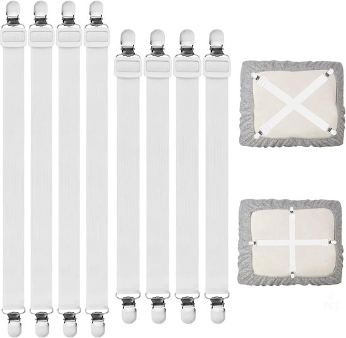 8 stuks verstelbare bedlakenspanners, lang en kort, elastische bedlakenspanners, bedlaken spanbanden met metalen bretelclips, witte spanner voor lakens, lakenspanners voor matrassen, bankhoezen