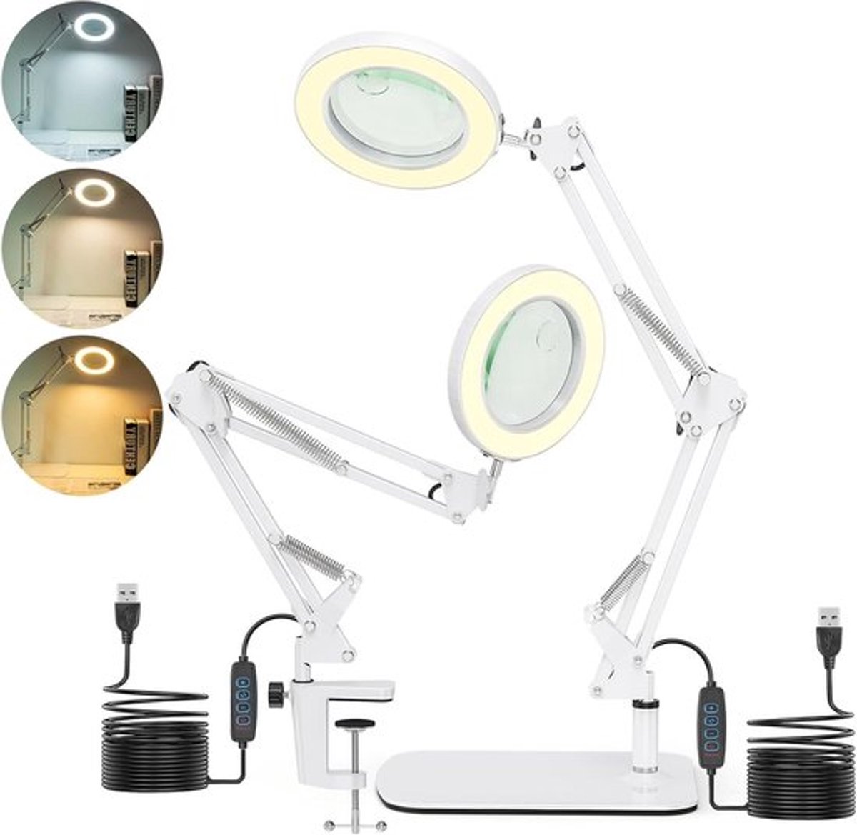 Vergrootglas met standaard en LED-vergrootlamp, bureaulamp met dimbare 3 kleurmodi, geschikt voor hobby, knutselen, werkplek en leeslamp - 2 in 1 groot vergrootglas met licht, klem en basis, 15 x 10.
