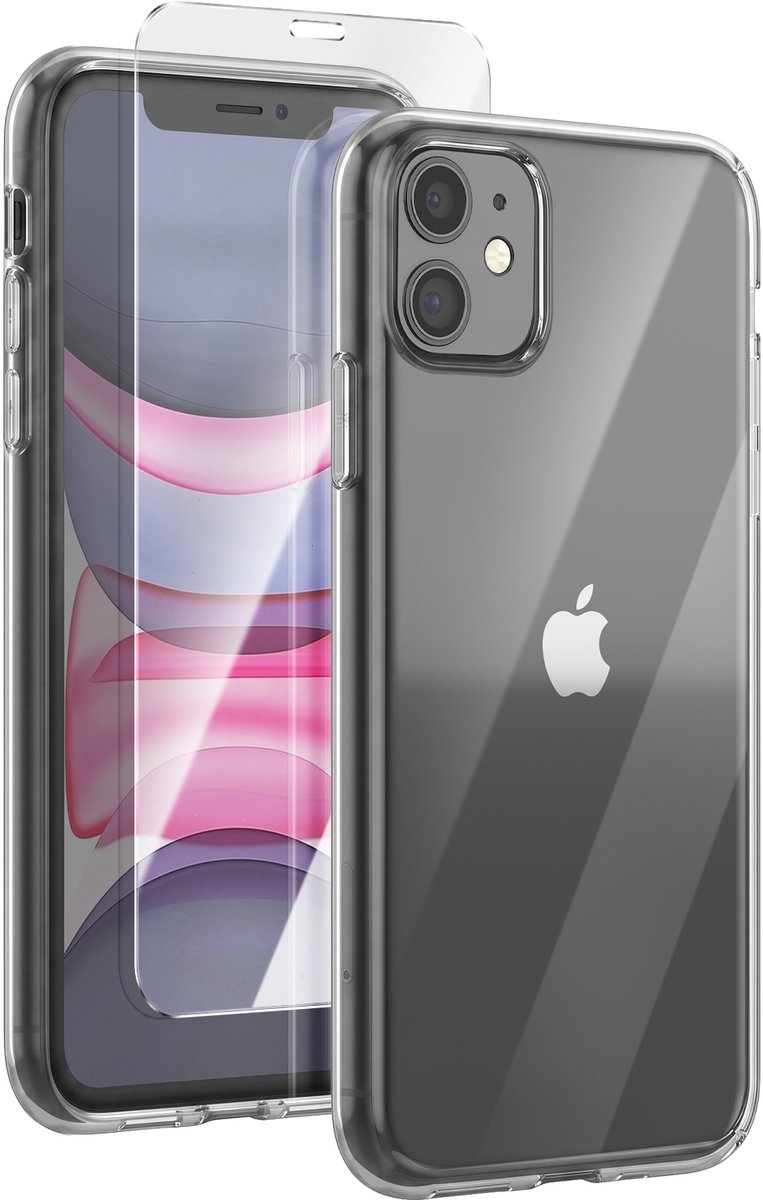 Mayaxess, Set Hoesje en Gehard Glas Geschikt voor Apple iPhone 11 - 360° Bescherming Schokbestendig, Transparant