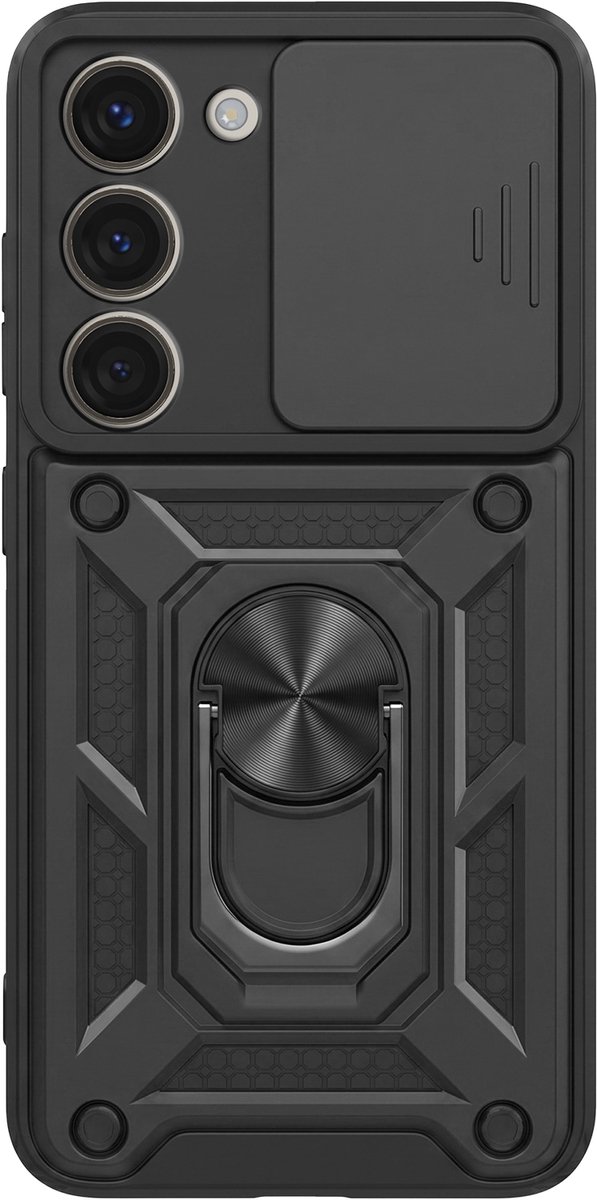 Mayaxess, Hoesje geschikt voor Galaxy S23 met Schuifbare Camerabescherming en Magnetische Ring, Zwart