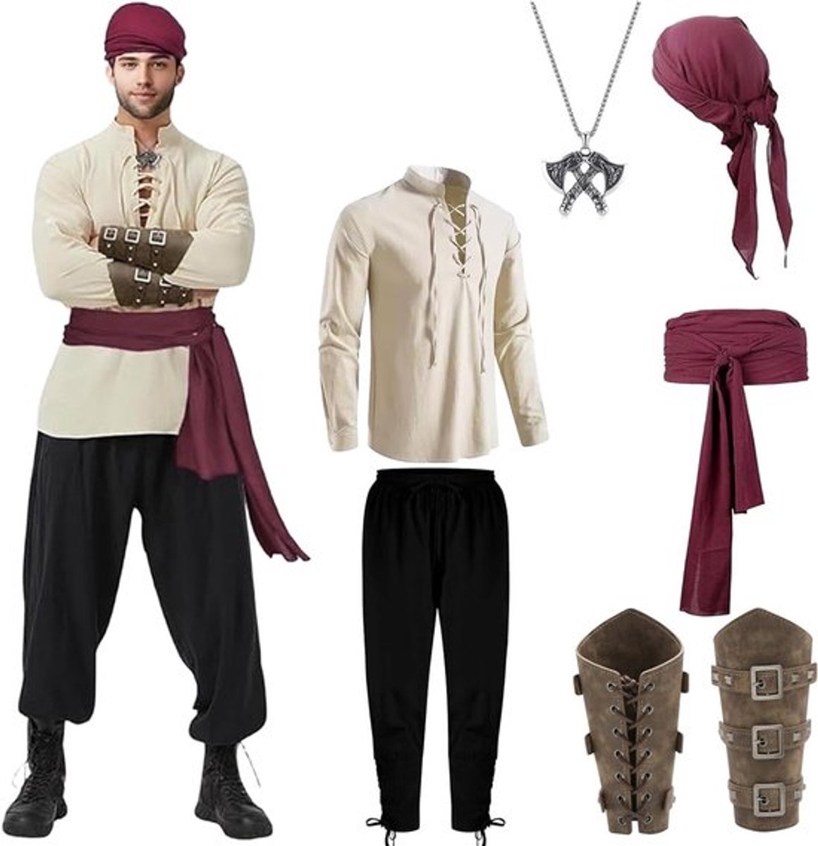 Piratenkostuum Set van 8 Stukken voor Mannen, Middeleeuwse Kleding, Viking Outfit voor Carnaval en Halloween Feesten