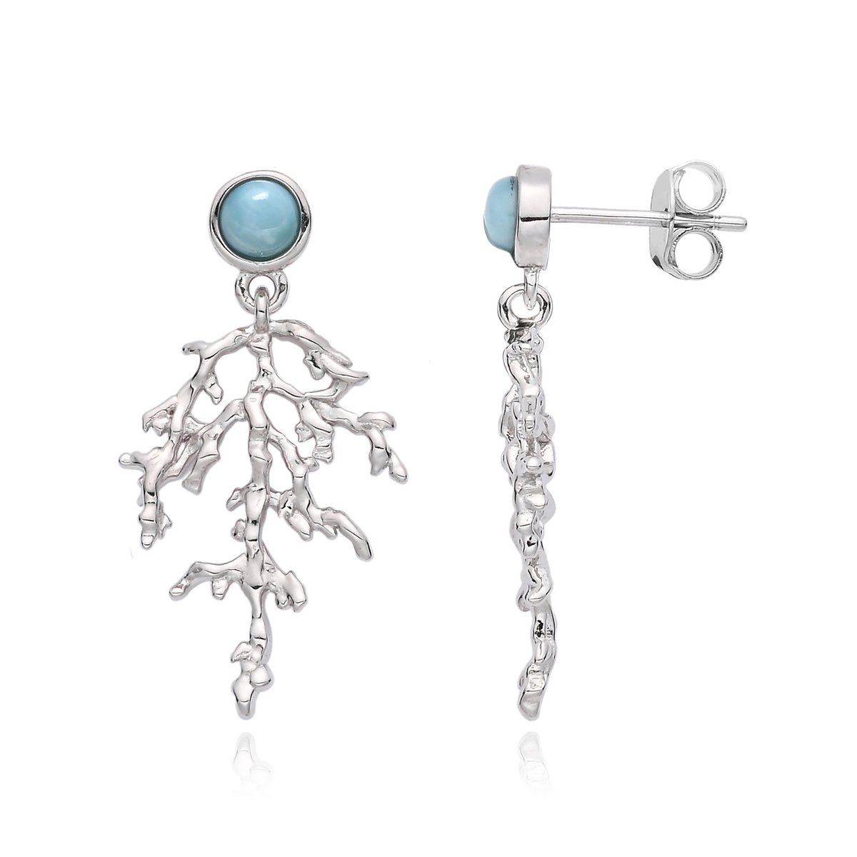 Cavill - Zilveren Oorbellen met 0,87ct Larimar - 925 Sterling Zilver Rhodium - Elegant Ronde Cabochon - Takmotief Design