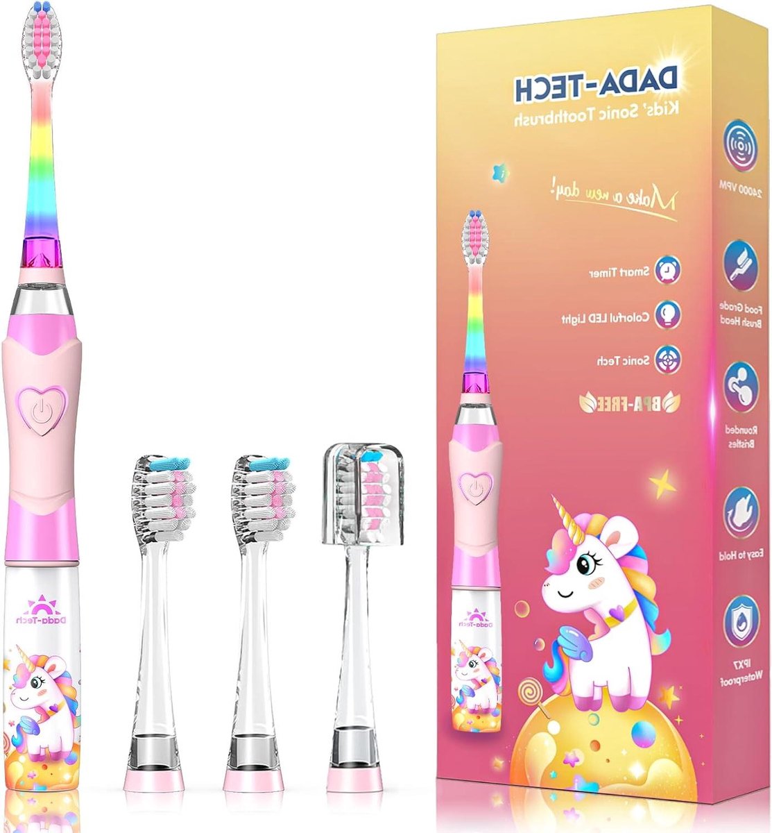 Elektrische kindertandenborstel - Sonische junior borstel - Tandenpoetsen leuk maken - Regenboog LED licht - 18.4 cm lang - Roze