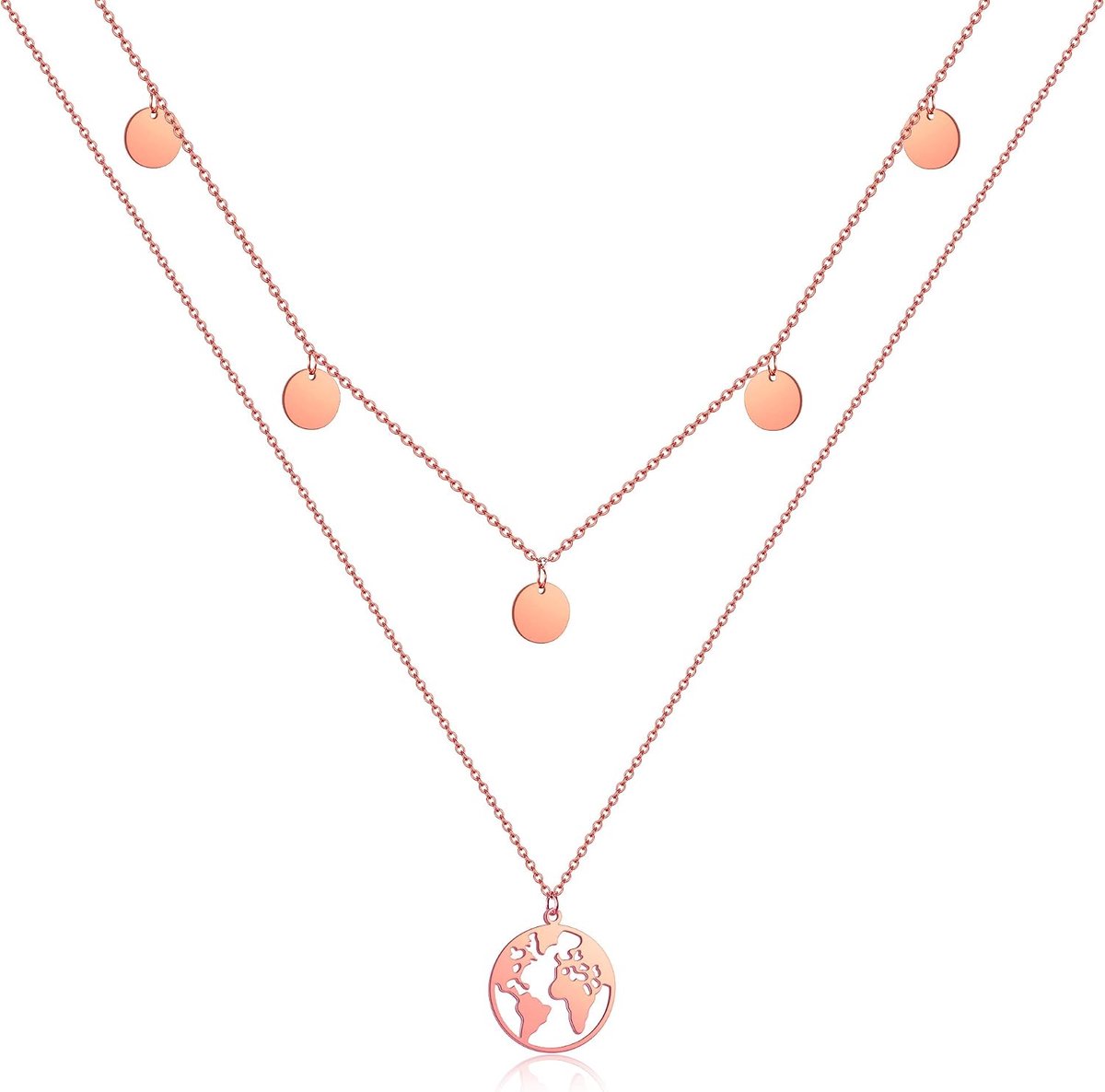 wereldketting dames wereldhanger halsketting vrouwen dubbele ketting wereldbol meerlaagse ketting met 5 munten / parels, 5 runden plättchen, Roestvrij staal