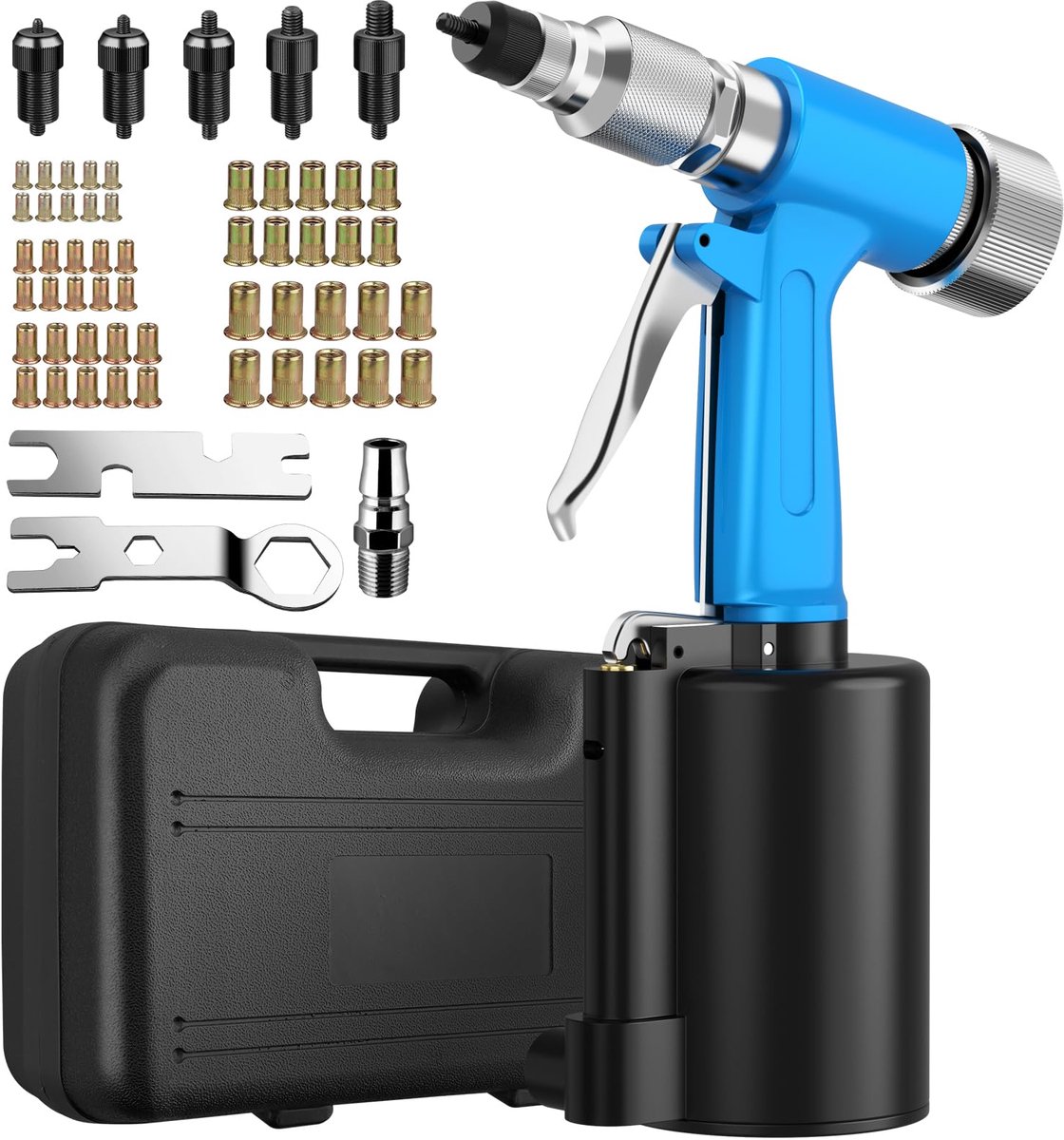 Perslucht klinkmoertang, set, klinkmachine, blindklinkpistool, klinkmoer-pistool, pneumatisch klinknagelpistool, persluchtklinkmoerpistool met M4, M5, M6, M8, M10 doornen en 100 stuks