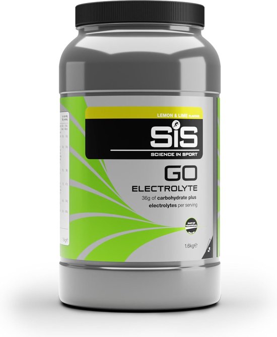 SiS GO Electrolyte, citroen-limoensmaak, 1,6 kg pot met 36 g koolhydraten en elektrolyten per portie.