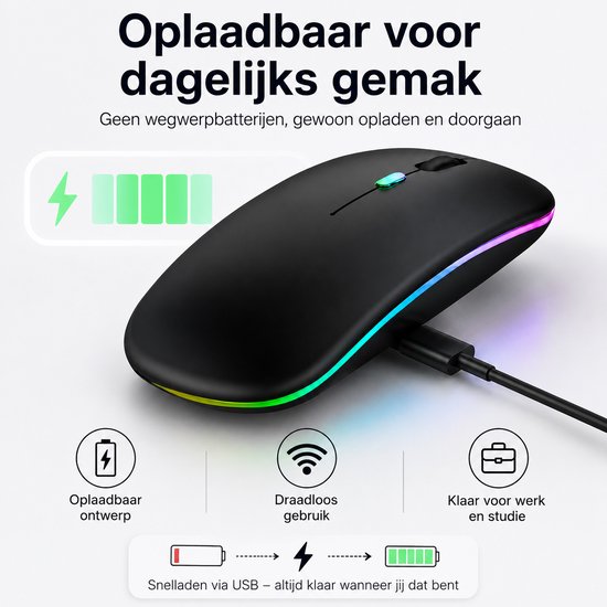 Zwarte oplaadbare muis met RGB-verlichting, aangesloten via USB.